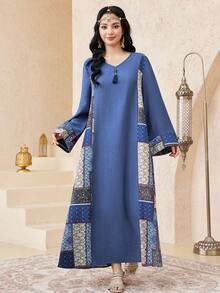 SHEIN Teen Girls' Blue Vacation Casual V-Neck Long Sleeve Dress, Loose Arabic Style V-Neck Dress, Girls' Spring Autumn Dress, Everyday Wear, Arabic Jalabiya Dress Teen Modest Dress Long Modest Dresses - Blue - View 4