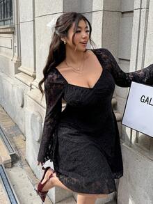 SHEIN EZwear 大码女式纯色蕾丝拼接长袖休闲连衣裙 - 黑色 - 查看 2