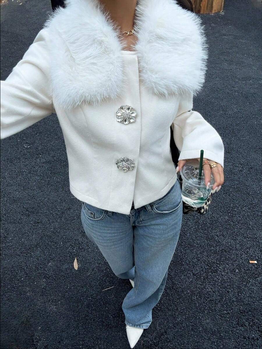 Siren Gaze 女式短款毛领羊毛大衣，秋冬 - 杏色 - 查看 1