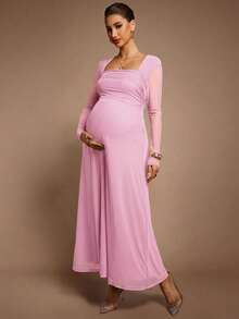 MaterniChic 优雅纯色孕妇连衣裙，适合派对穿着 - 淺粉色 - 查看 4
