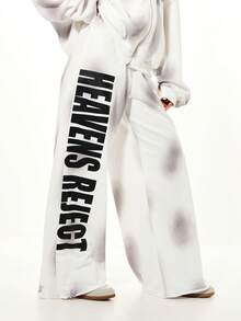 SUMWON WOMEN Oversized Wide Leg Graphic Joggers With Heaven's Reject Print Side Stripe Detail Relaxed Fit Sweatpants - White - View 1