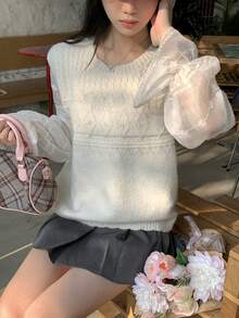 DAZY 女士圆领菱形图案长袖毛衣，秋冬款 - 米色 - 查看 5