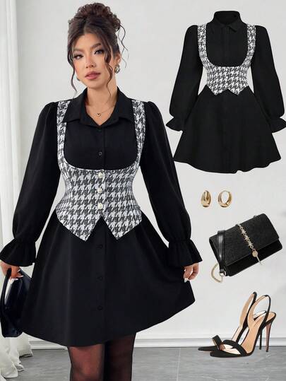 Elenzga 加大码连衣裙两件套背心拼接衬衫裙，黑白千鸟格图案，优雅女友风，适合派对、休闲穿着，新年、圣诞节、家庭聚会等场合皆宜。长袖衬衫领加大码黑白连衣裙