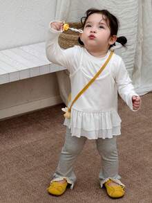 DAZY 2件套女童纯色休闲蕾丝吊带背心和纯色外套T恤套装 - 白色 - 查看 5