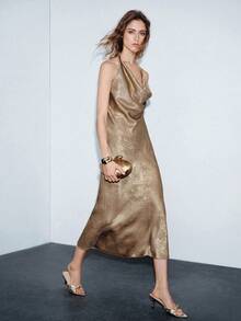 Lumivelle Women's Fashionable Gold-Stamped Chain Midi Dress, Sexy Gold Party Texture, Yellow Casual Vacation Summer Beach Sequins - Gold - View 4