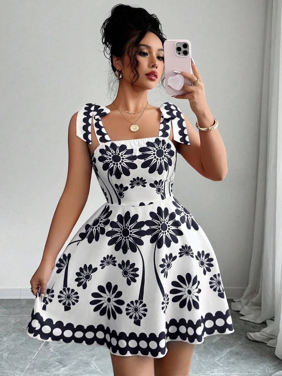 Elenzga 春夏新款时尚休闲度假系带印花小众束腰无袖吊带连衣裙（女款） - 黑色 - 查看 1