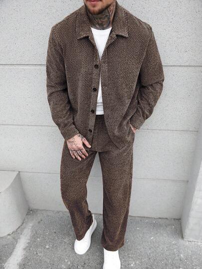 Manfinity CasualCool Men's Casual Front Button Long Sleeve Shirt And Pants Set, Autumn/Winter