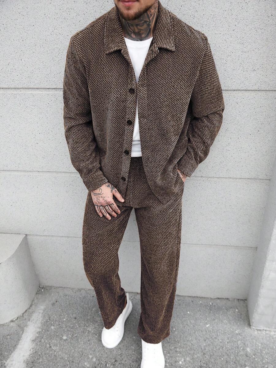 Manfinity CasualCool Men's Casual Front Button Long Sleeve Shirt And Pants Set, Autumn/Winter