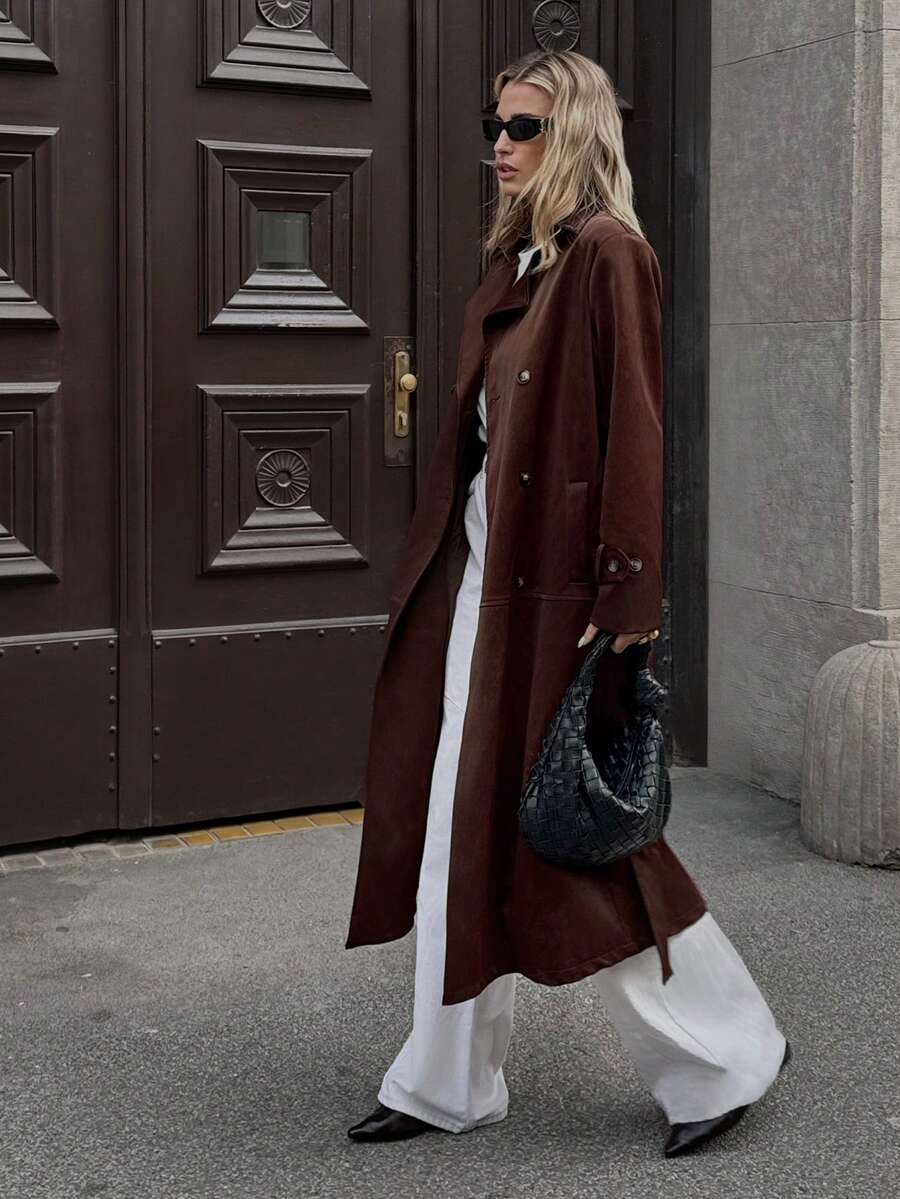 Ontre Casaco Longo Feminino de Gola Lapela e Abotoamento Duplo de Manga Longa, Casaco Trench de Negócios Casuais Urbanos, Adequado para Escritório, Professor, Traje Elegante para Natal, Festa de Ano Novo, Convidado de Casamento