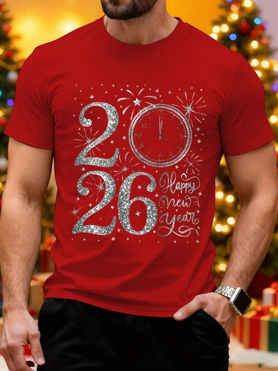Manfinity Homme 男士休闲2026新年印花红色短袖T恤 - 紅色 - 查看 1