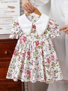 Emery Rose Kids 女童碎花泡泡袖休闲连衣裙，配彼得潘领 - 彩色 - 查看 5