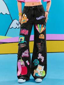 Adventure Time X ROMWE Women Casual Ripped Cartoon Graphic Loose Fit Jeans - Grey - View 12