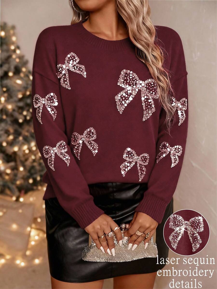 SHEIN Clasi Plus Size Women Elegant Bow Beaded Embroidered Pullover Sweater - Burgundy - View 1