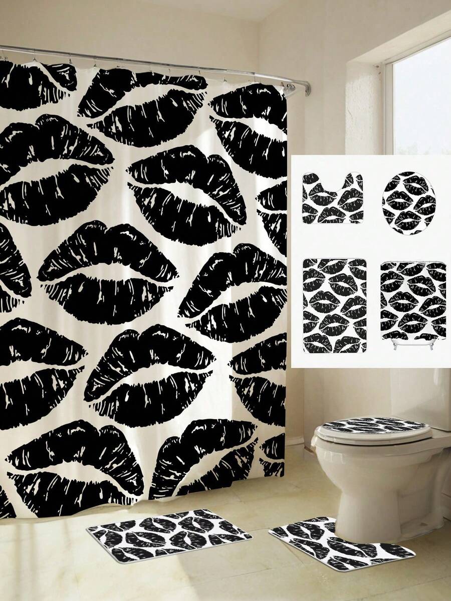 1件可爱卡通黑唇印花浴帘，带12个挂钩，防霉防水，现代风格浴室隔断帘，无需钻孔 - 彩色 - 查看 1