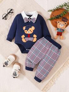 Conjunto De 2 Piezas Para Bebé Niño Con Diseño De Osito Estilo Caballero Para Todas Las Estaciones, Body De Manga Larga Con Cuello Polo Y Estampado De Osito Con Pajarita + Pantalones Largos De Estampado De Pata De Gallo, Conjunto De Moda Para Recién Nacido Niño - Azul Marino - Ver 1