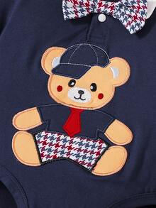 Conjunto De 2 Piezas Para Bebé Niño Con Diseño De Osito Estilo Caballero Para Todas Las Estaciones, Body De Manga Larga Con Cuello Polo Y Estampado De Osito Con Pajarita + Pantalones Largos De Estampado De Pata De Gallo, Conjunto De Moda Para Recién Nacido Niño - Azul Marino - Ver 4