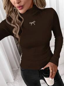 SHEIN Clasi Áo thun dài tay cổ lọ bó sát thường ngày dành cho nữ, phù hợp cho mùa thu/đông - Cà phê nâu - Xem 3