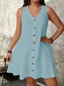 SHEIN PETITE Plus Size Women Sleeveless V-Neck Textured Fabric Dress - Baby Blue - View 3