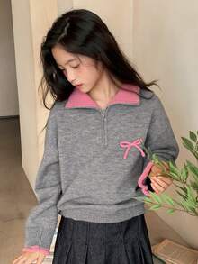 DAZY Maglione casual con colletto a fiocco e blocchi di colore per ragazze pre-adolescenti, autunno/inverno