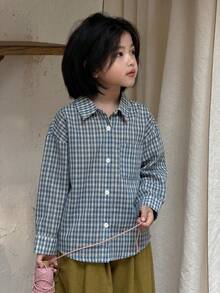 DAZY 女童休闲格子长袖衬衫，秋冬季 - 藍色 - 查看 5