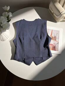 SHEIN Unity Navy Blue Vintage Striped Sleeveless V-Neck Vest Jacket, Spring/Summer - Navy Blue - View 2