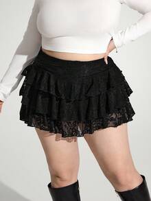 Enliva Abidrinkell Plus Size Solid Color Lace Cake Skirt, Casual And Comfortable For Summer Vacation, For Apple Rounded Body Shape - Black - View 3