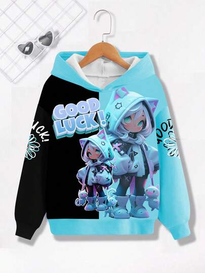 Sparklyn Tween Girl 连帽运动衫，Lucky Gamer Girl 3D 数字全身印花休闲运动风格，舒适秋冬季