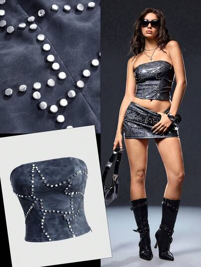 Grunge Punk Y2K Kpop Vintage Ultra Low Waist PUNK Studded Distressed Cropped Top