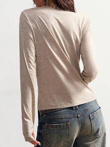 Bohemela Áo thun dài tay nữ màu trơn, chất liệu dệt kim, họa tiết ánh kim, tay lệch vai, thích hợp cho mùa xuân, mùa đông, ngày lễ tình nhân, lễ hội âm nhạc, phong cách Y2K. - Màu Khaki - Xem 7