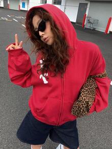 DAZY 女士字母印花休闲卫衣，红色 Y2K 连帽衫 - 紅色 - 查看 7