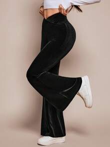 SHEIN PETITE Women's Solid Color Fashionable Asymmetric Waist Velvet Flare Pants - Black - View 1