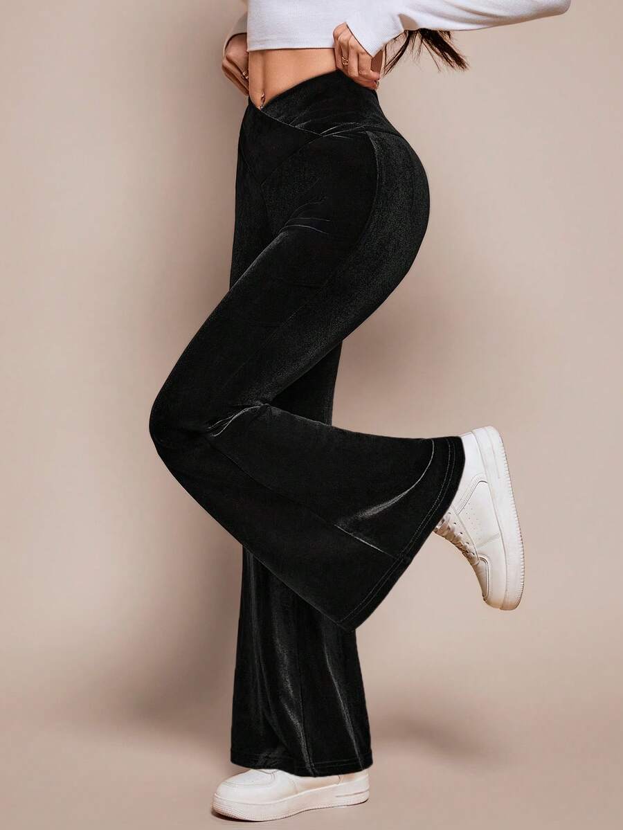 SHEIN PETITE Women's Solid Color Fashionable Asymmetric Waist Velvet Flare Pants - Black - View 1