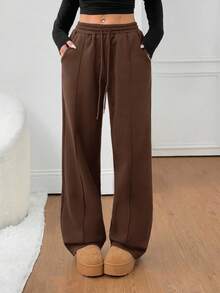 SHEIN PETITE 鹅卵石缝线细节直筒运动裤，适合毕业季、返校季、毕业典礼、教师穿着，女士返校阔腿运动裤，棕色 - 棕色 - 查看 4