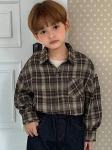 DAZY 男童格子落肩长袖单排扣休闲口袋衬衫（春季款） - 卡其色 - 查看 2