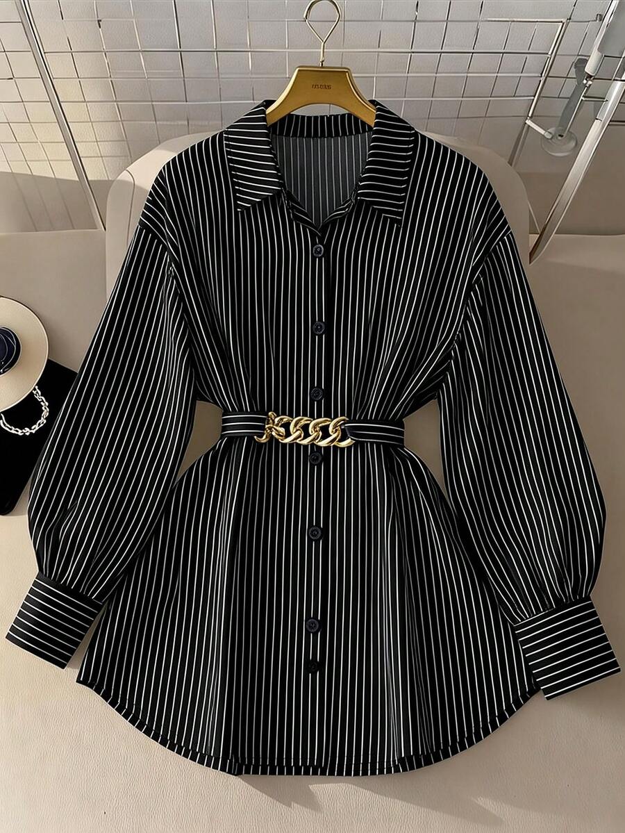 GlowEve CURVE เสื้อเชิ้ตแขนโคมไฟลายทางลำลองสำหรับสาวอวบ | SHEIN TH