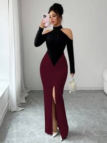 Selianne 新款秋冬黑白撞色拼接设计，性感高开衩露肩长袖褶皱修身长裙，优雅适合派对、晚宴、婚礼、万圣节、圣诞节等场合。 - 酒紅色 - 查看 5