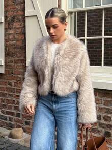 Bethéva Women's Solid Color Long Sleeve Casual Fluffy Jacket In Fall/Winter - Khaki - View 6