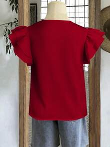 Mellowie 女士纯色圆领短袖荷叶边下摆优雅衬衫 - 紅色 - 查看 6