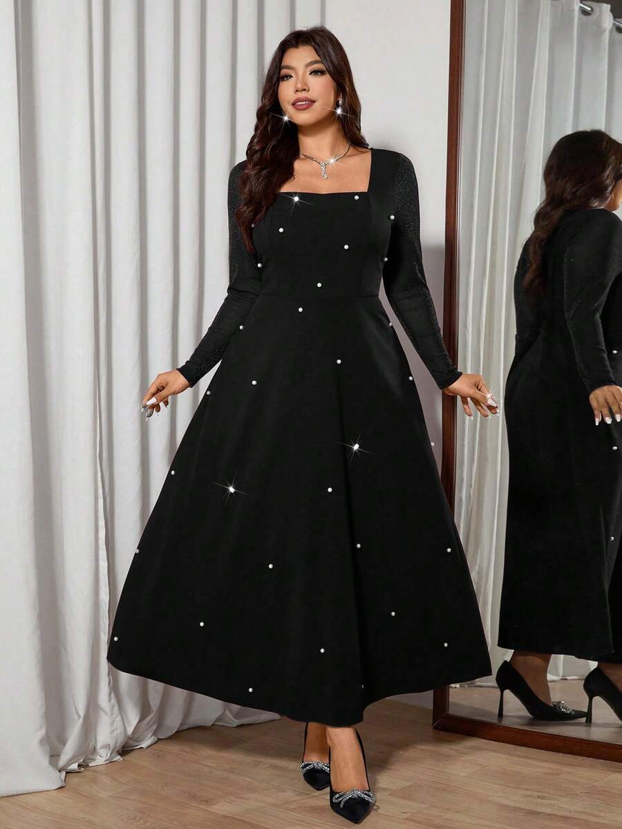 Modelyn 大码针织酒红色长袖金属网纱泡泡连衣裙，优雅 - 黑色 - 查看 1