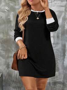 EMERY ROSE Women's Autumn/Winter New Contrast Color Trim Casual Versatile Plus Size Dress - Black - View 1