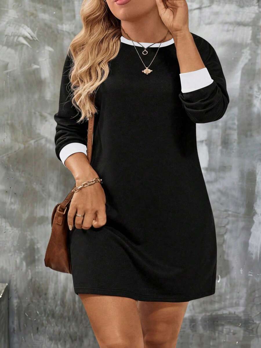 EMERY ROSE Women's Autumn/Winter New Contrast Color Trim Casual Versatile Plus Size Dress - Black - View 1