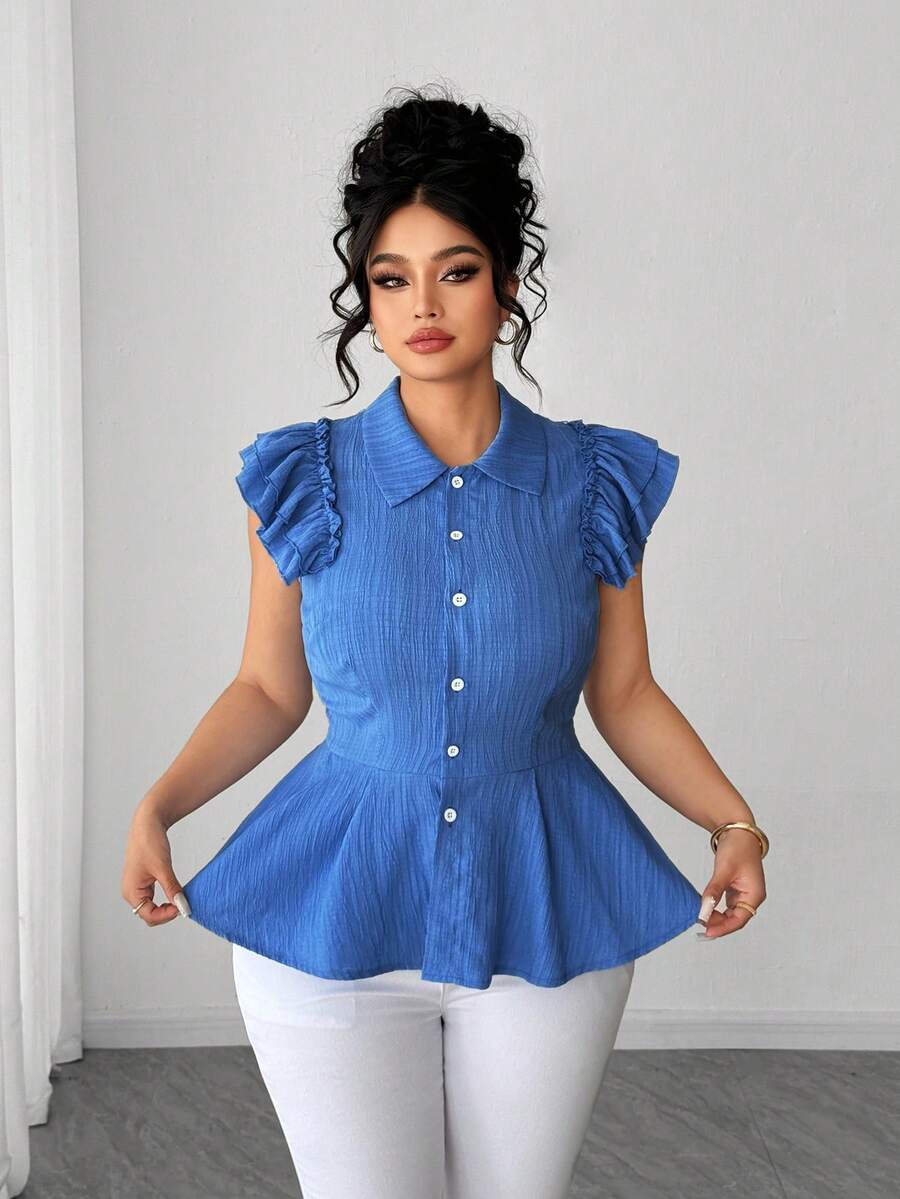 Elenzga Áo sơ mi nữ cỡ lớn thời trang, thanh lịch, cổ bẻ, tay ngắn, có bèo nhún ở gấu và thắt eo, thích hợp cho mùa xuân/hè. - Màu xanh nhạt - Xem 1