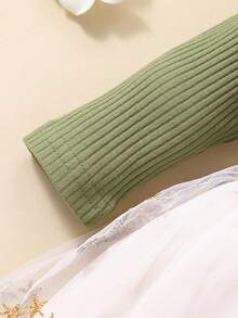 Vestido De Tul Para Bebé Niña De Primavera Otoño Con Manga Larga, Diseño Dulce Y Adorable Con Lazo Y Encaje De Rosas Bordadas - Verde - Ver 8