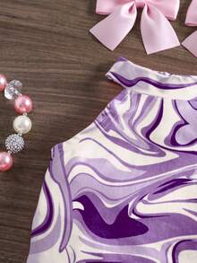 SHEIN Baby Girl Marble Print Asymmetric Hem Halter Top And Flare Pants Set - Purple - View 6