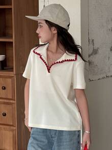 DAZY Camiseta de manga corta holgada y casual con adorno floral para niña preadolescente en verano - Beis - Ver 4