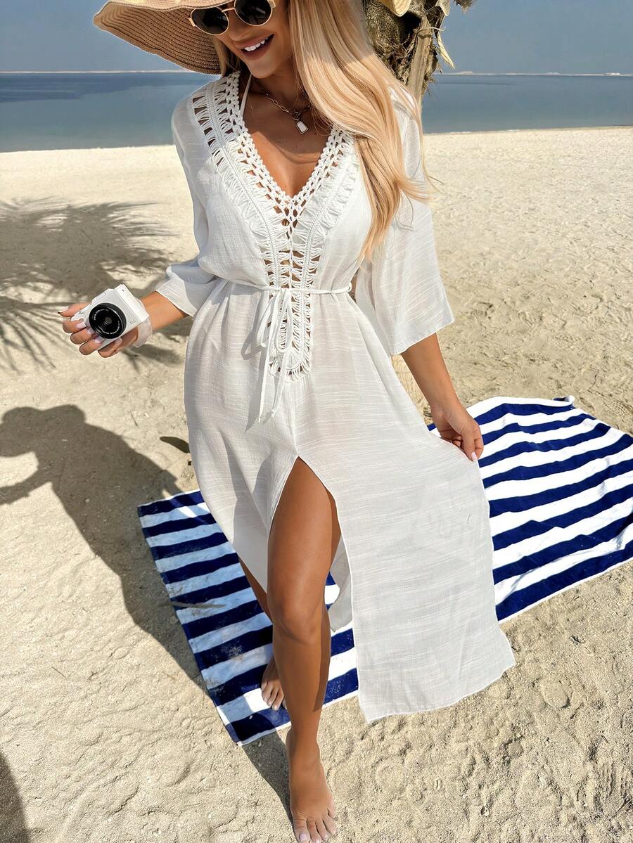 Swim Vcay Women's Hollow Out Crochet Splice V-Neck Tie Waist Split Hem Vacation Dress With Bikini Cover Up - White - View 1