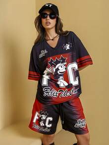 Felix The Cat X SHEIN Herrset med 1 set kortärmad t-shirt och shorts, bokstäver och tecknad grafik, V-ringad - Svart - Visa 7