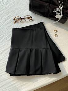 Comfortcana Plus High Waist Pleated Hem Mini Skirt - Black - View 5