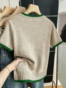 SHEIN Franclia 新款夏季休闲个性拼接撞色时尚百搭女式针织上衣 - 軍綠色 - 查看 2