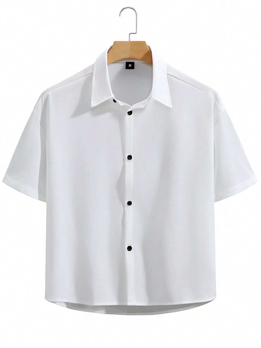 Manfinity Hypemode 男士纯色短袖单排扣休闲衬衫 - 白色 - 查看 1